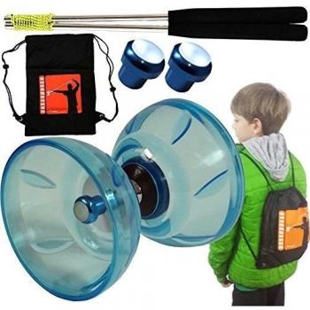 Diábolo AZUL Glary quemaduras de sol triples cojinetes noche y día con M6 lit tuercas con palo de aluminio y Passe Passe iJuggle diábolo bolsa de LED