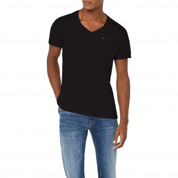 Tommy Hilfiger Black V-Neck Cotton T-Shirt for Men, Size L, Spring/Summer Collection, Plain Design