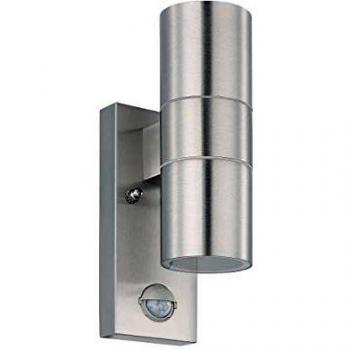 EGLO lámpara exterior de pared LED Riga 5, lámpara exterior con 2 bombillas con sensor de movimiento incluido, lámpara de pared con sensor, de acero inoxidable y vidrio, color plata, IP44