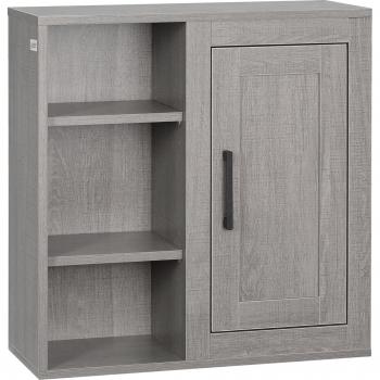 Armario de Baño de Pared con 3 Estantes Abiertos y 1 Puerta Mueble Auxiliar Suspendido Moderno 48x20x50 cm Gris
