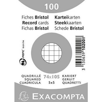 Fichas Bristol A7 Cuadriculadas Blancas 205 g/m² - Paquete de 100 unidades - 74 x 105 mm