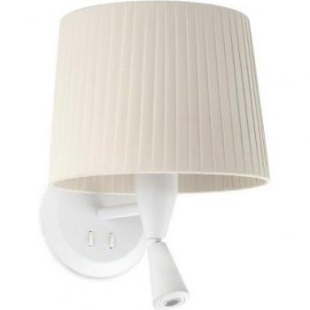 Aplique de pared con luz de lectura Samba, cuerpo de acero, pantalla de tela de 29 cm, color blanca con encintado beige