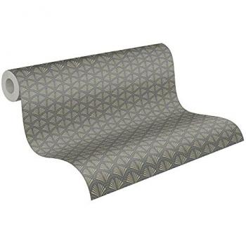 Papel Pintado Vinílico Art Deco Estampado Negro y Dorado, Estructura Ligera, 0.53 x 5.33 m