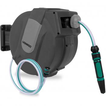 Carrete automático para manguera Vonroc - Gris - Incluye manguera de jardín de 15 metros, manguera de conexión, boquilla, acoplamientos y conector de grifo