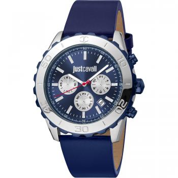 Just Cavalli Silver Men Watch - Stainless Steel Case, Quartz Movement, Water Resistant up to 50 meters, Analog Display, Silver Dial with Roman Numerals, Leather Strap