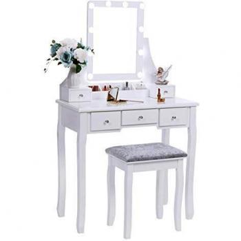 ANWBROAD Juego de Tocador 10 Bombillas Escritorio Grande de Maquillaje Blanco con Taburete Almohadillas Espejo sin Marco 5 cajones y 2 separadores Organizador Almacenamiento de Joyas para BDT04W