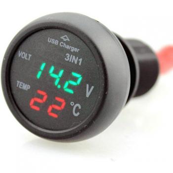 Mechero Universal para Coche con Cargador USB, Pantalla LED Digital, Voltímetro y Termómetro 3 en 1 (12V-24V)