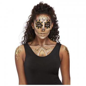 Kit de Maquillaje Dorado para el Día de Muertos: Pendientes, Pegatinas, Gemas y Pinturas Faciales