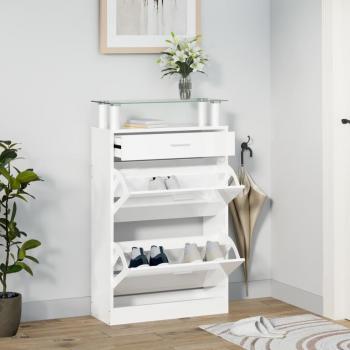Mueble zapatero de madera contrachapada blanco brillo con un cajón y estante superior de vidrio, dimensiones 63x24x104 cm