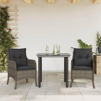 3-Piece Grey Poly Rattan Garden Dining Set with Cushions