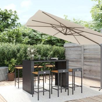 7 Piece Garden Bar Set - Black Poly Rattan & Solid Wood Acacia