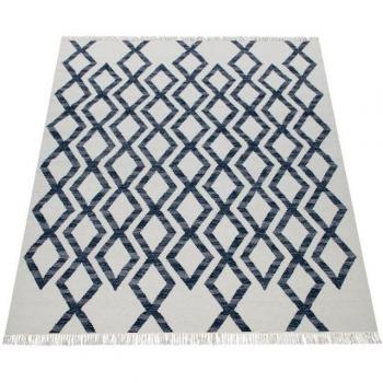 Alfombra Salón Estilo Bohemio Flecos Tejida a Mano Mezcla Lana Algodón Azul 160x230 cm