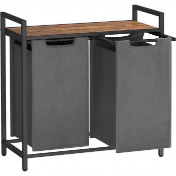 Cesta de Ropa Sucia con 2 Compartimentos y Bolsas de Tela Oxford Extraíbles, Capacidad Total 92L, Marco de Metal, Diseño Marrón Rústico y Negro