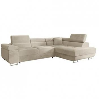 Sofá rinconero Comfivo S100 Manila 02, color marrón claro, dimensiones 274 x 70 x 203 cm, función de descanso, con caja de ropa de cama y reposacabezas ajustables