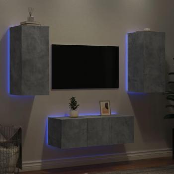 Mueble de TV pared con LED 4 piezas madera ingeniería gris hormigón