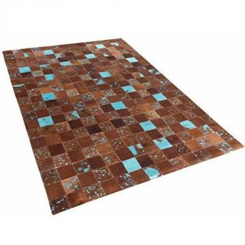 Alfombra de Piel de Vaca Marrón y Azul 80 x 150 cm Hecha a Mano Patchwork Moderno Aliaga