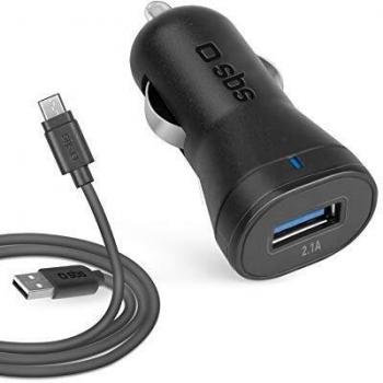 SBS TECRKITMIC21AFAST Kit de Carga para Coche con Cable Micro USB, 1x USB 2.1A, Entrada 12/24V, Salida 2100mAh, Negro, Compatible