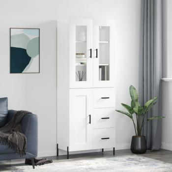 Aparador alto de madera contrachapada blanco brillo 69,5x34x180 cm con 1 puerta de madera y 3 cajones, mueble de almacenaje para salón