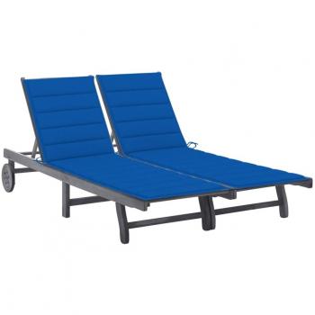2-Person Acacia Wood Garden Sun Lounger with Cushions - Grey
