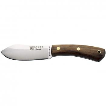 Cuchillo de Caza Joker Nessmuk CN136 - Mango de Nogal - Hoja de 11 Cm Sandvik 14C28N - Funda de Cuero Marrón
