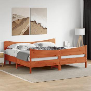 Cama con cabecero de madera de pino macizo en color marrón, cera, 180x200 cm