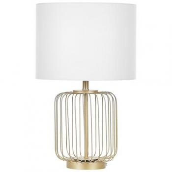 Lámpara de mesa moderna de metal dorado con base de jaula y pantalla textil 58 cm