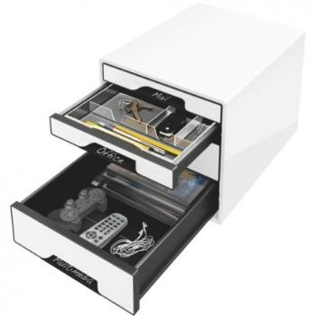 Caja de Almacenamiento Leitz Cube con 4 Cajones, Blanco y Negro, 2 Grandes y 2 Pequeños, con Detalle de Parada de Extracción