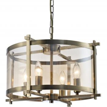 Lámpara colgante Nolan de latón envejecido, 4 bombillas E14, diámetro 48cm, diseño cilíndrico con vidrio ámbar