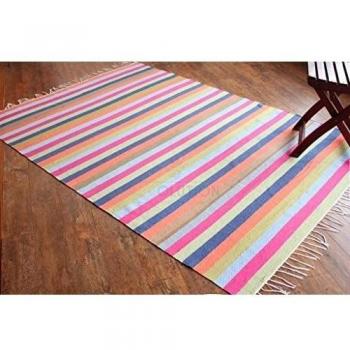 Alfombra de tejido reversible tejido 100% algodón orgánico con tintes vegetales. Estampado a rayas multicolor. Tapete. Medidas: 150x210cm