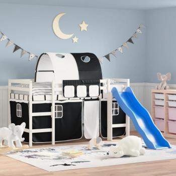 Cama alta niños con túnel de madera de pino en color blanco y negro, dimensiones 90x190 cm