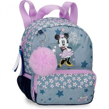 Mochila Infantil Disney Minnie Style Azul 19x23x8cm con Bolsillo Frontal y Pompón Decorativo en Poliéster