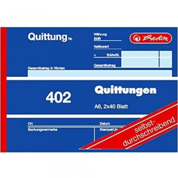 Herlitz Quittungsblock 402, Formulario de recibos autocopiativo DIN A6, 2 x 40 hojas