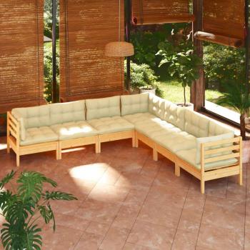 7-Piece Solid Pine Garden Lounge Set with Cream Cushions