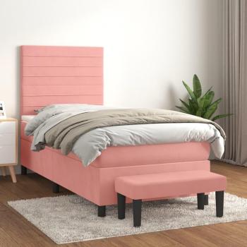 Cama box spring con colchón de muelles en terciopelo rosa 100x200 cm