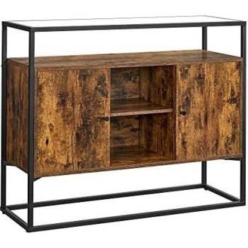 VASAGLE Aparador Buffet Lowell - 100 x 35 x 80 cm - Marrón rústico y negro, con tapa de cristal templado, compartimentos abiertos, marco de acero estable, estilo industrial para salón y pasillo