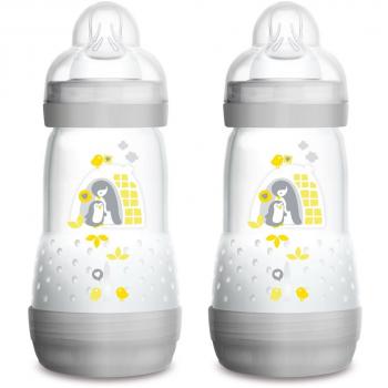 Botellas MAM Anticólicos Autodesinfectantes 260 ml (Pack de 2) - Flujo Medio - Diseño Gris