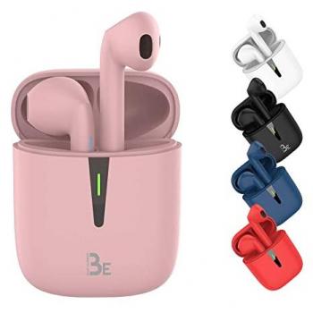 Auriculares Inalámbricos Bluetooth 5.1 Compactos Rosa con Micrófono, Autonomía de Batería 12 Horas y Caja de Carga LED
