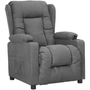 Sillón elevable tela gris claro con reposapiés ajustable, acolchado y diseño orejero, ideal para sala de estar