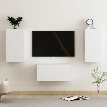 Juego de mueble para TV de 3 piezas en aglomerado blanco, incluye estante y soporte para televisión, diseño moderno y minimalista, fabricado en madera de ingeniería