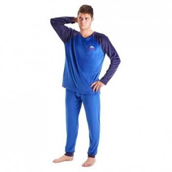 Pijama para hombre de terciopelo en color azul, dos piezas, manga larga, cuello redondo, ideal para invierno