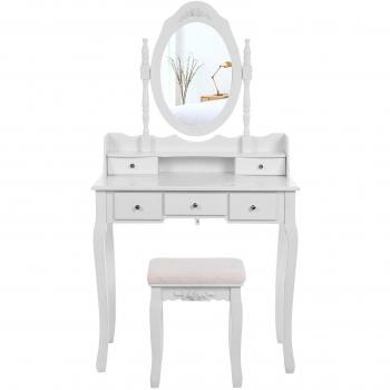 Songmics Blanco Tocador Mesa de maquillaje belleza 5 Cajones Espejo giratorio Taburete acolchado RDT15W