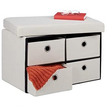 Banco Almacenaje Plegable con 4 Cajones y Asiento, Mueble para Recibidor o Salón, 39x60x38 cm, Crema - Relaxdays