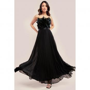 Goddiva Black Off-The-Shoulder Feather Pleated Evening Maxi Dress
