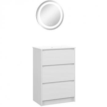 Conjunto de Baño Kleankin Blanco Brillante 61x37x88 cm con Mueble y Lavabo, Espejo Antivaho con Luz LED e Interruptor Táctil Ø50x4,6 cm