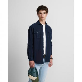 Silbon - Camisa de hombre corte slim sport linen warm azul marino