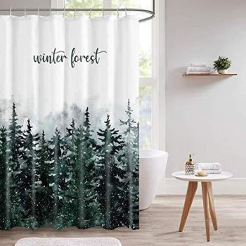 Guiffly Cortina Baño, Cortina de Ducha Tela de Poliéster Resistente Al Agua Cortinas de Ducha Baño con 12 Ganchos Patrón de Bosque de Nieve de Invierno, Lavable a Máquina, 72x72