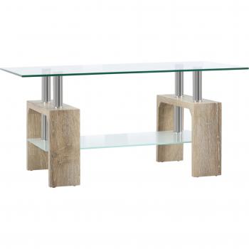 Mesa de Centro Rectangular con Estantes de Vidrio y Patas de Madera
