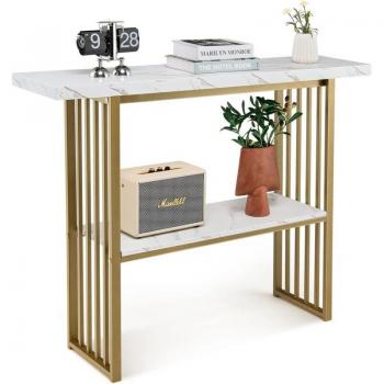 Mesa de Consola Moderna de 2 Niveles con Efecto Mármol Blanco y Estructura Metálica Dorada, 120 cm