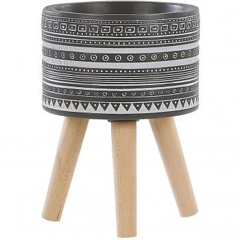 Maceta Redonda Boho Gris Magnesio 21 cm con Patrón Pintado a Mano y 3 Patas de Madera de Haya para Interior y Exterior Arginia
