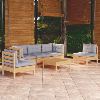 6-Piece Solid Pinewood Garden Lounge Set with Grey Cushions